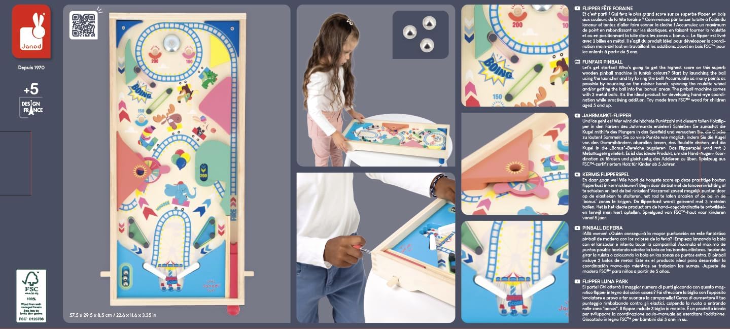 Janod - Máquina de Pinball de Madeira para Montar - Decoração de Parque de Diversões - Jogo de Ação e Reflexos para Crianças Montarem - Estratégia de Aprendizagem e Concentração - Madeira Certificada FSC - A partir de 5 anos