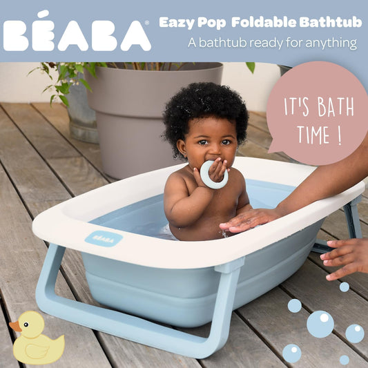 Béaba Bañera plegable para bebé, ultracompacta, pies antideslizantes, diseño moderno, tapón de drenaje, almacenamiento práctico, mínimo espacio requerido, fácil de usar, Eazy Pop Camélé'O, 29L, azul