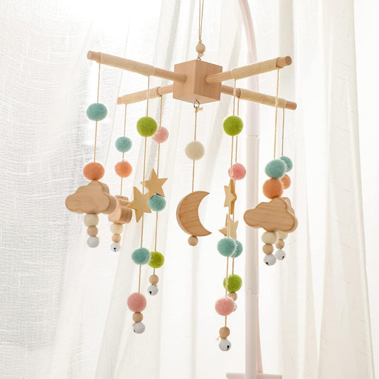 Let's Make Bolas móviles de Madera + Forro Polar para bebés, Campanas de Viento, Campanas para Hamacas de guardería, Regalos para recién Nacidos para niñas o niños (Luna Rosa)