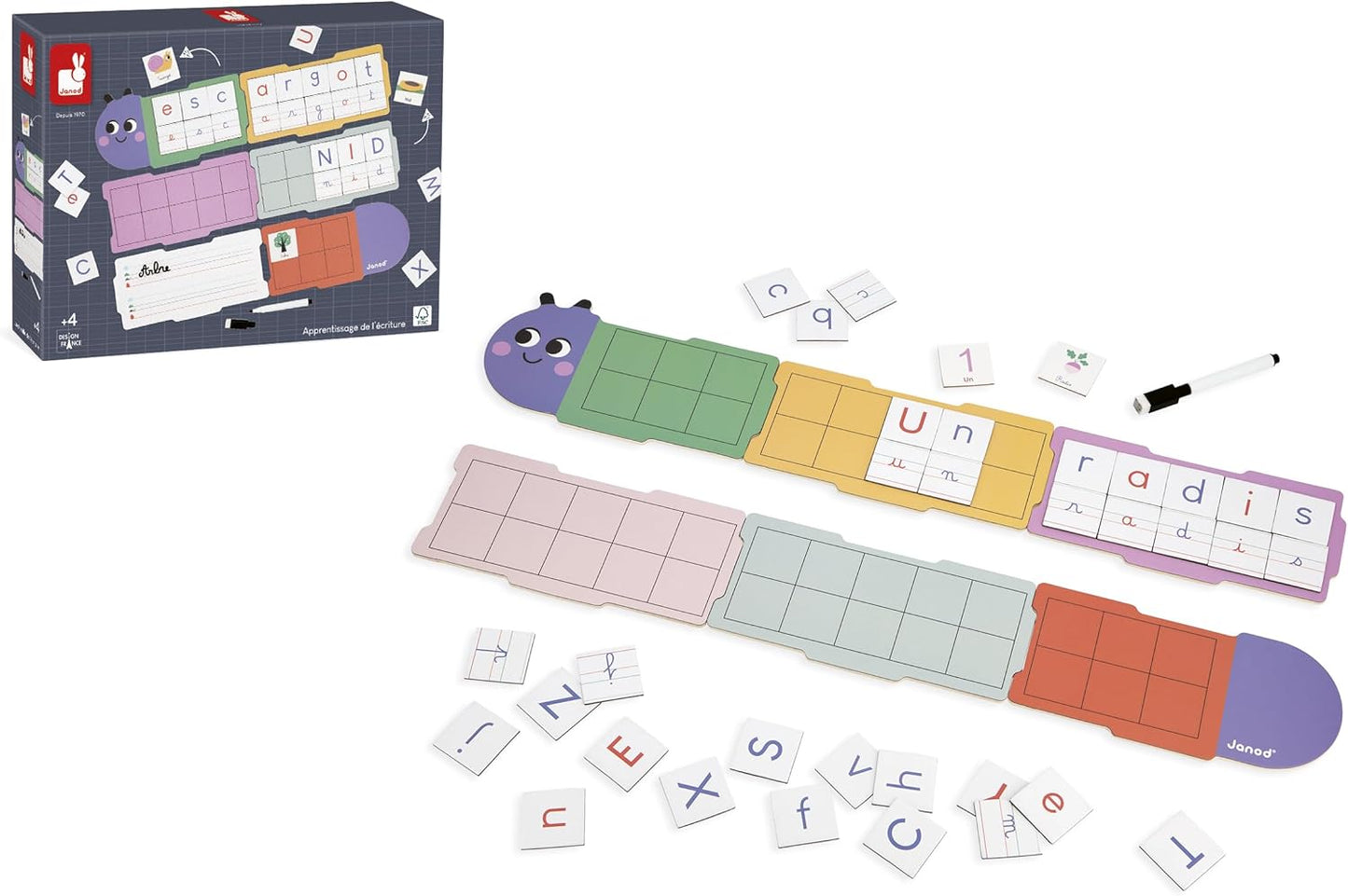 Janod - Aprender a escrever - Ideal para o jardim de infância e educação infantil - Aprender letras - 6 quadros e 78 letras magnéticas - Educacional