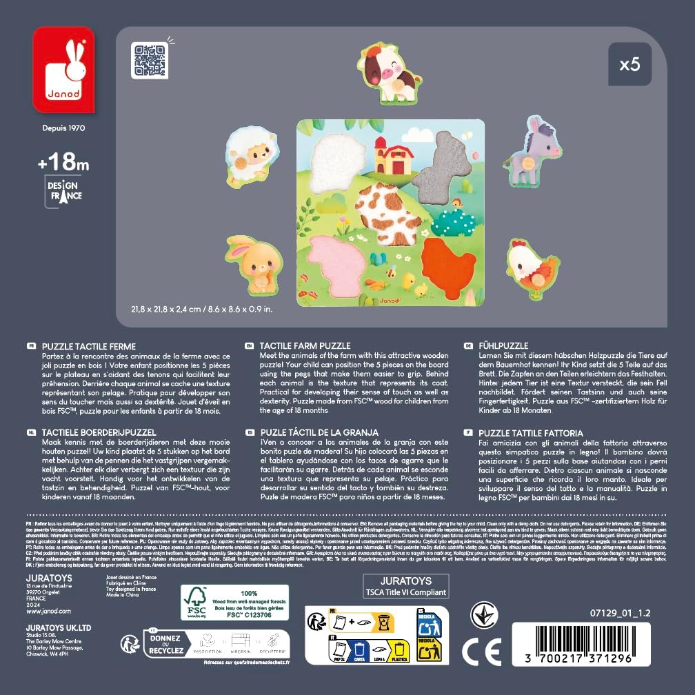Janod - Quebra-cabeça Tátil de Madeira 5 Peças - Tema Fazenda - Quebra-cabeça Texturizado Rebaixado - Brinquedos Educativos - Tato, Motricidade Fina e Concentração - A partir de 18 Meses, J07129, Verde