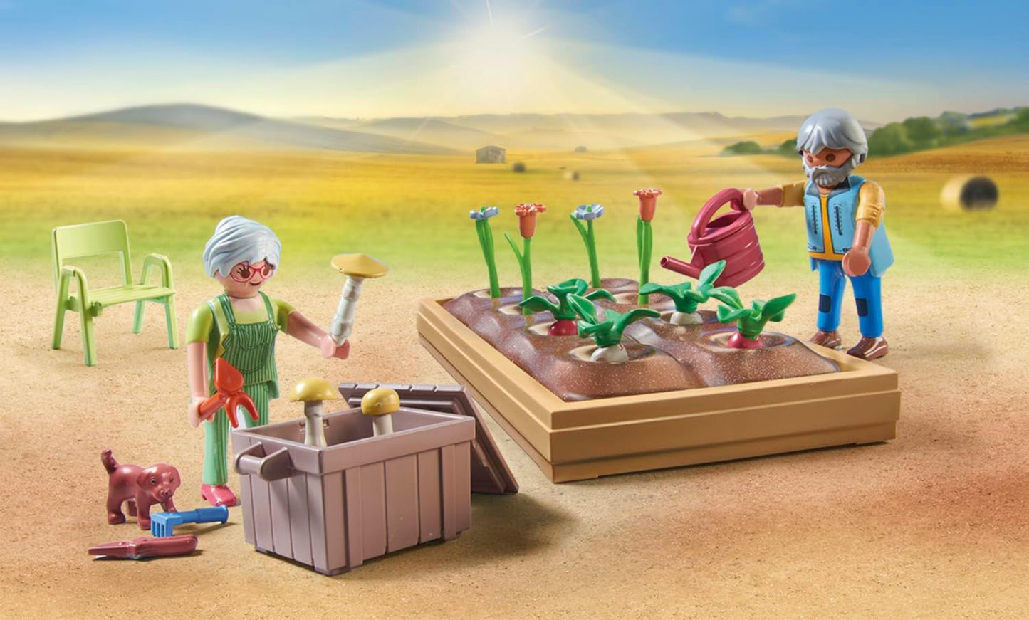 Playmobil 71443 Country: Huerto con los abuelos que incluye parterre, regadera y herramientas de jardín, juego de rol divertido e imaginativo, juegos sostenibles aptos para niños a partir de 4 años