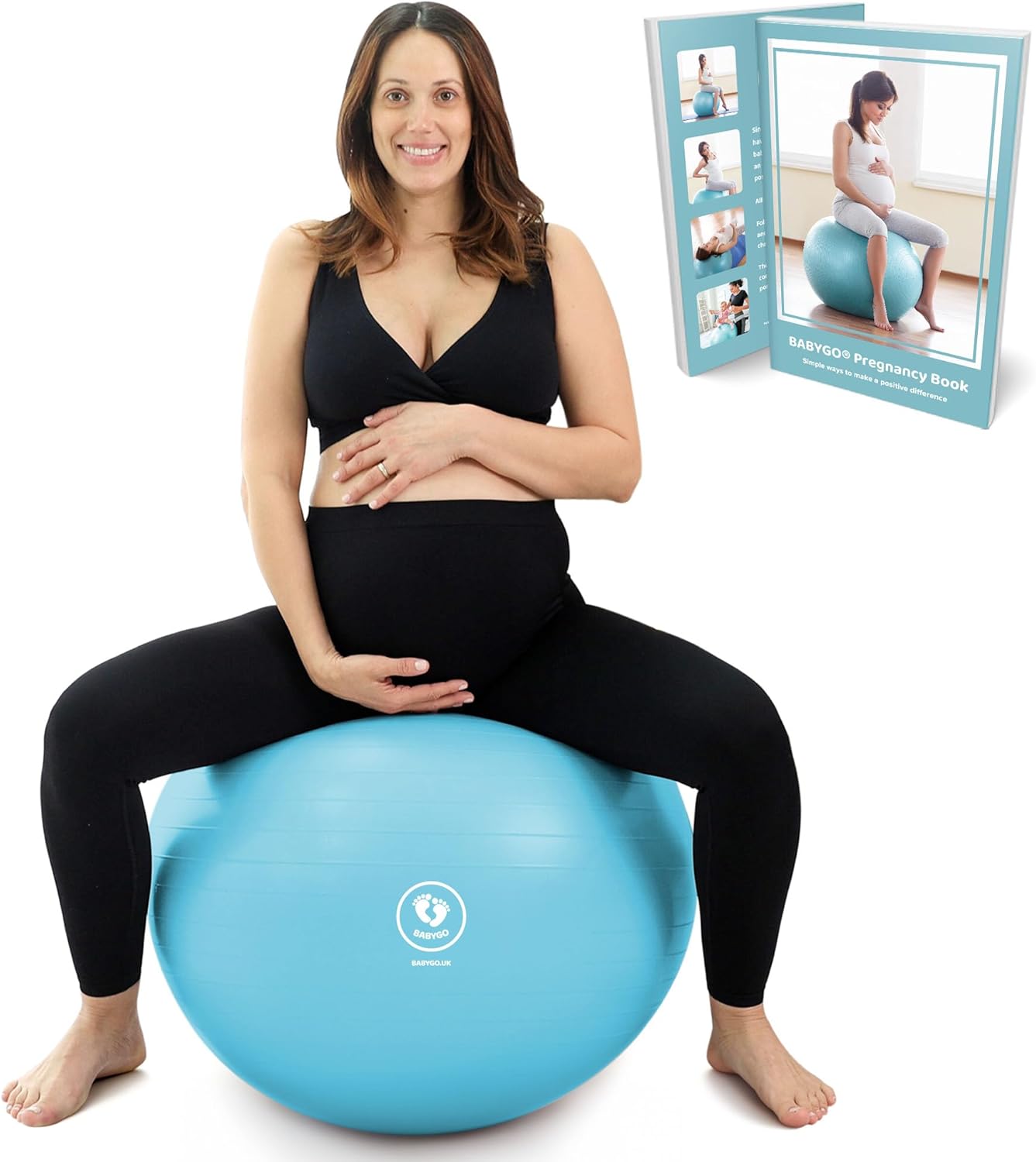 BABYGO® Bola de parto para gravidez, trabalho de maternidade e ioga + nosso livro de gravidez de 100 páginas, plano de exercícios, nascimento e recuperação, material ecológico anti-explosão