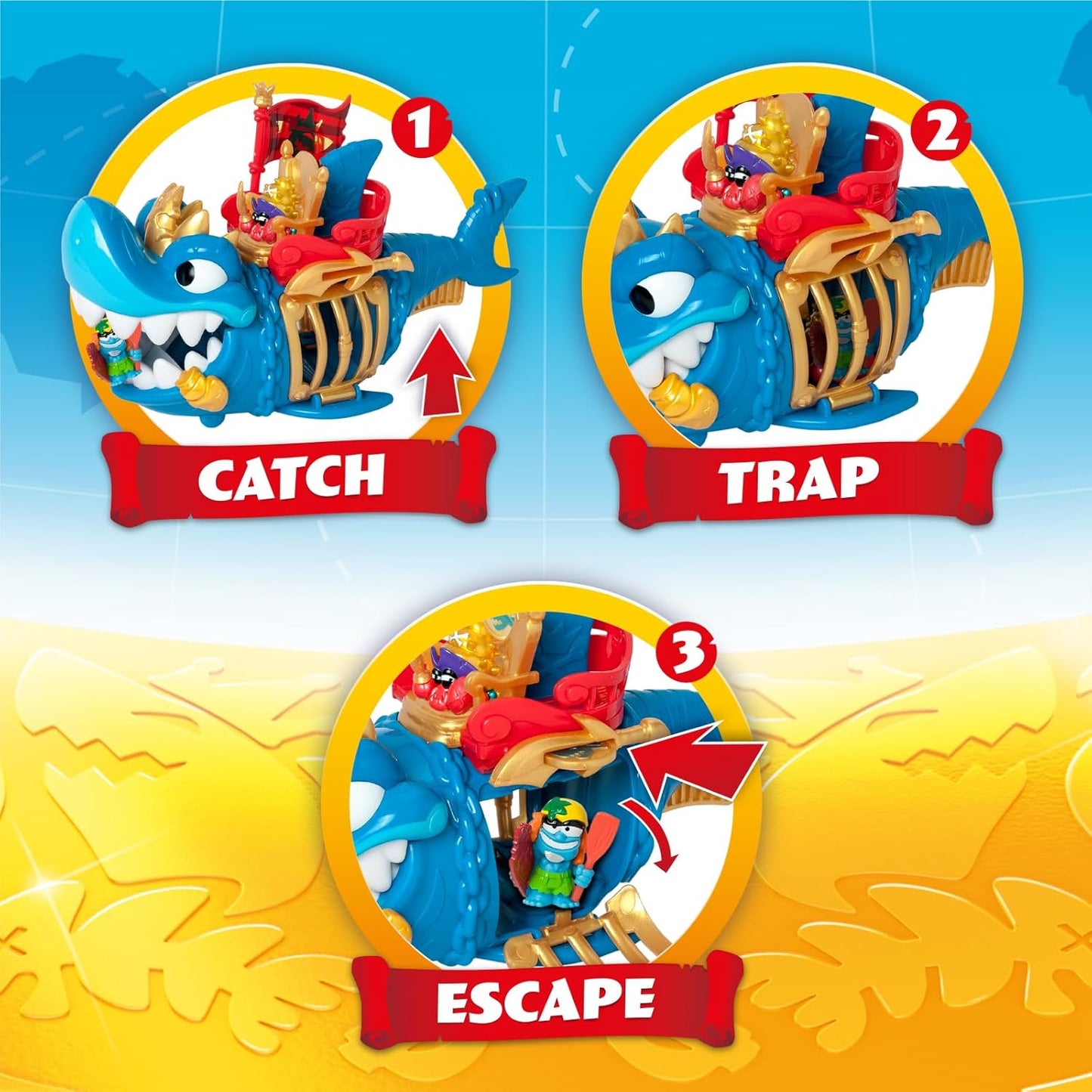 PIRATIX King Shark - Tubarão articulado com gaiola para capturar Piratix rivais. Inclui 1 tubarão, 1 tesouro exclusivo, 1 Piratix exclusivo e 1 acessório. Cor: Azul.