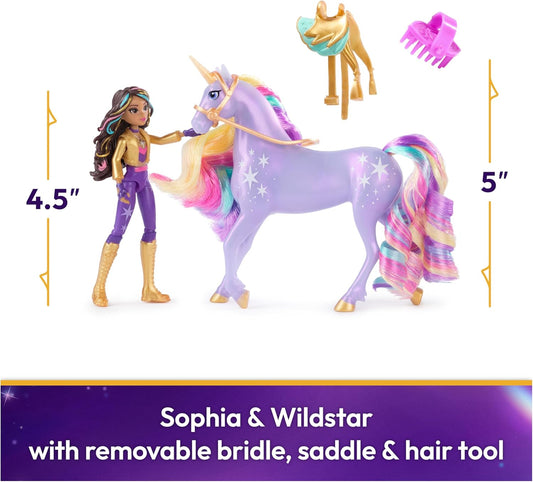 Unicorn Academy Conjunto Sophia & Wildstar com 2 acessórios de montaria e ferramenta de penteado, bonecas e brinquedos de unicórnio para meninas a partir de 4 anos.