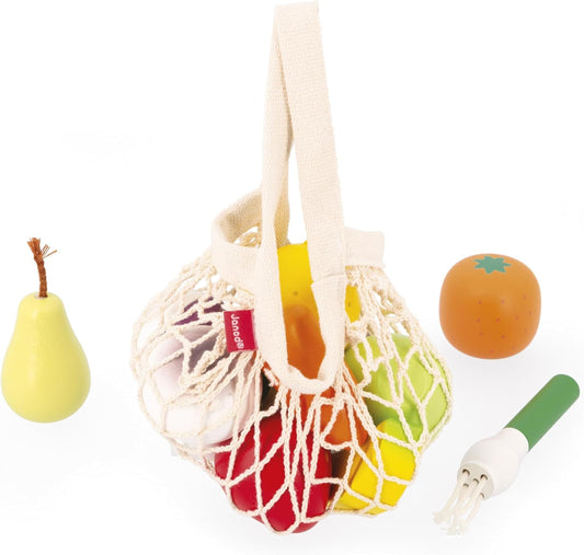 Janod - Conjunto de 12 frutas e vegetais - Bolsa de lona - Cesta de compras de brinquedo - Complemento ideal para cozinha de brinquedo e conjunto de chá - A partir de 3 anos, J06639