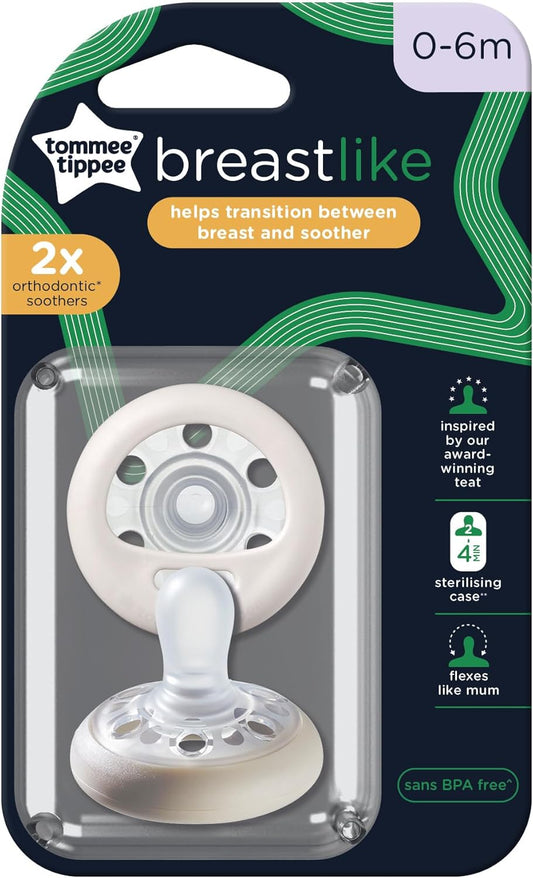 Tommee Tippee Breast-Like Dummies, pacote de 0 a 6 meses com 2 Dummiess com baglet semelhante a peito, design simétrico e sem BPA