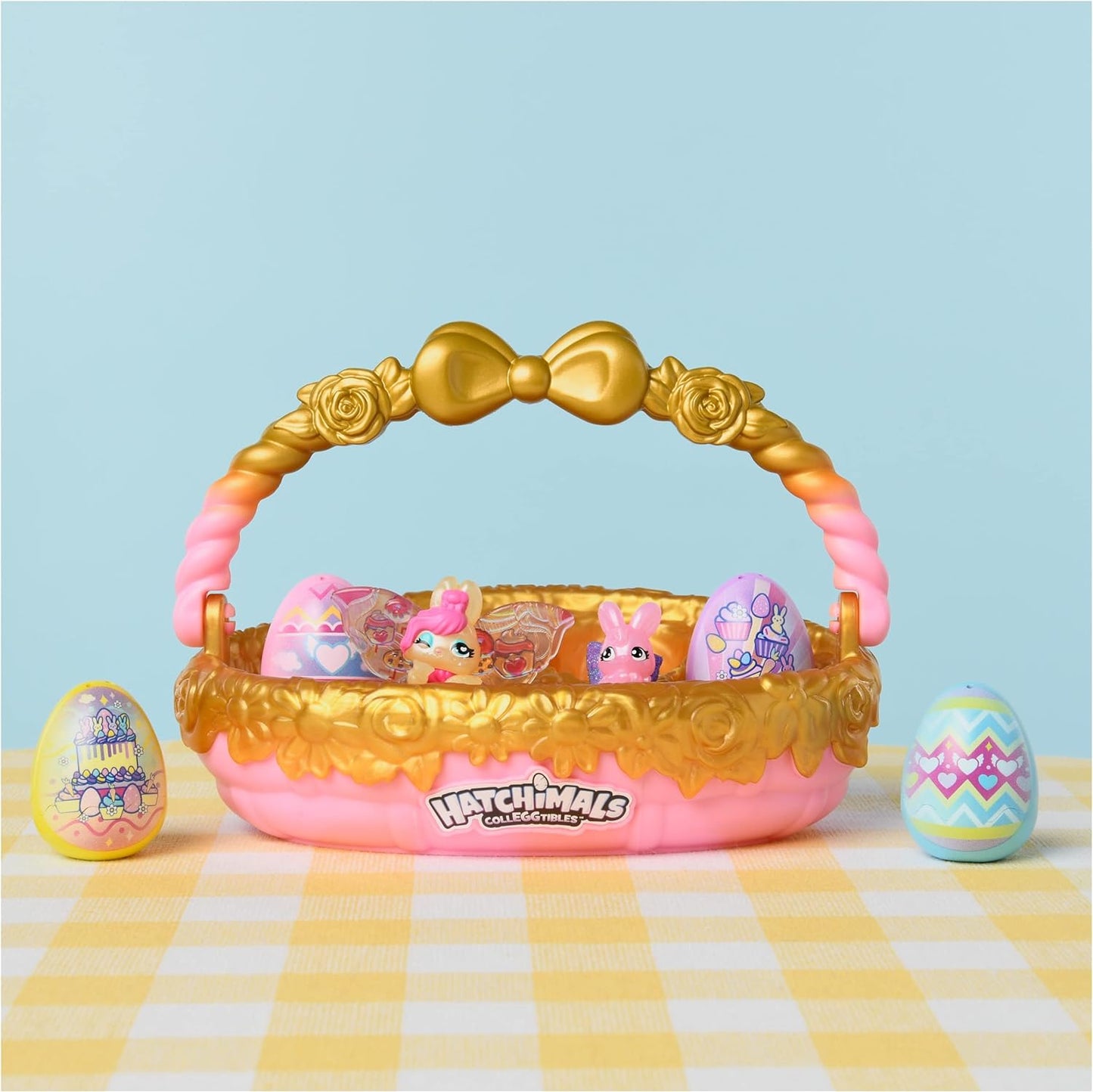 HATCHIMALS CollEGGtibles, Bunny Family Spring Basket (dourado/rosa) com 6 personagens, edição 2023, Spring Toy, brinquedos infantis para meninas a partir de 5 anos