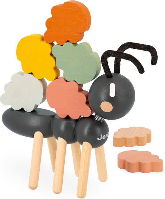 Janod - Juego de equilibrio de hormigas Sweet Cocoon - Juguete de aprendizaje temprano - Desarrolla habilidades motoras finas - 1 hormiga + 20 hojas apilables - Juguete de madera FSC - 24 meses+,