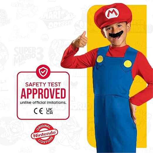 DISGUISE Oficial Clássico Nintendo Super Mario Costume Kids inclui Chapéu Mario, Mario Fancy Dress Up Outfit Crianças Halloween Aniversário Fantasias do Dia Mundial do Livro para meninos