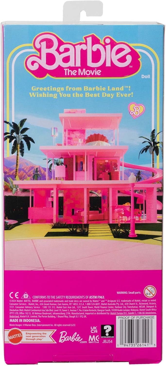 Barbie O Filme - Boneco Ken vestindo conjunto de praia listrado em tons pastel de rosa e verde, com prancha de surfe e tênis brancos, JBJ54