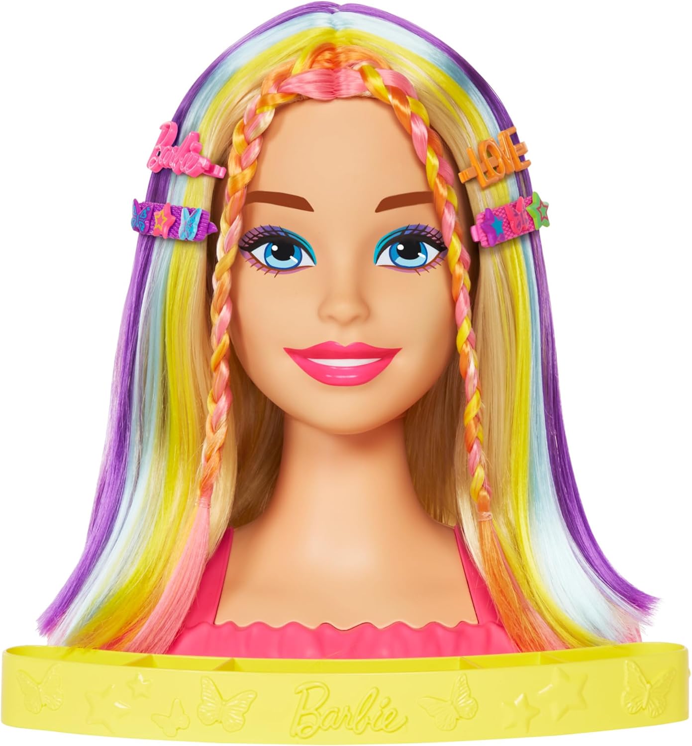 Barbie Cabeça de boneca com mais de 20 acessórios para penteados, incluindo grampos de cabelo com mudança de cor de estrela e borboleta, JFG81 Cabeça de boneca Barbie com cabelo castanho escuro, JFG82