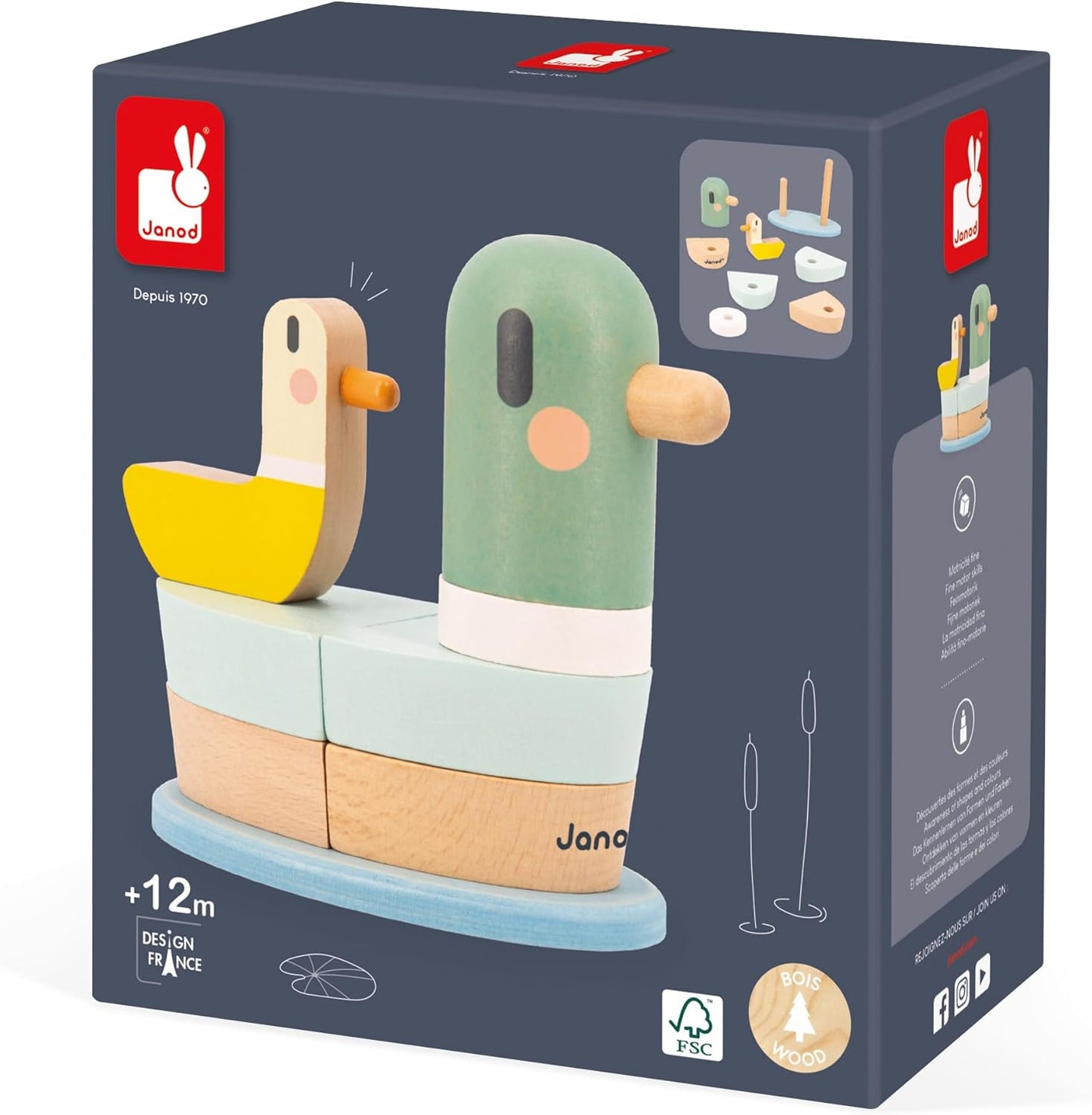 Janod - Pato empilhável Sweet Cocoon - 7 peças empilháveis de madeira FSC - Jogo de aprendizagem precoce - Desenvolve habilidades motoras finas - 12 meses +,