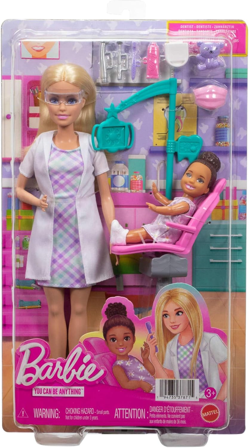 Barbie Conjunto Profissões Dentista com Boneca Loira de Jaleco Branco, Boneca Criança Pequena, Cadeira de Exame e Acessórios, JMK14
