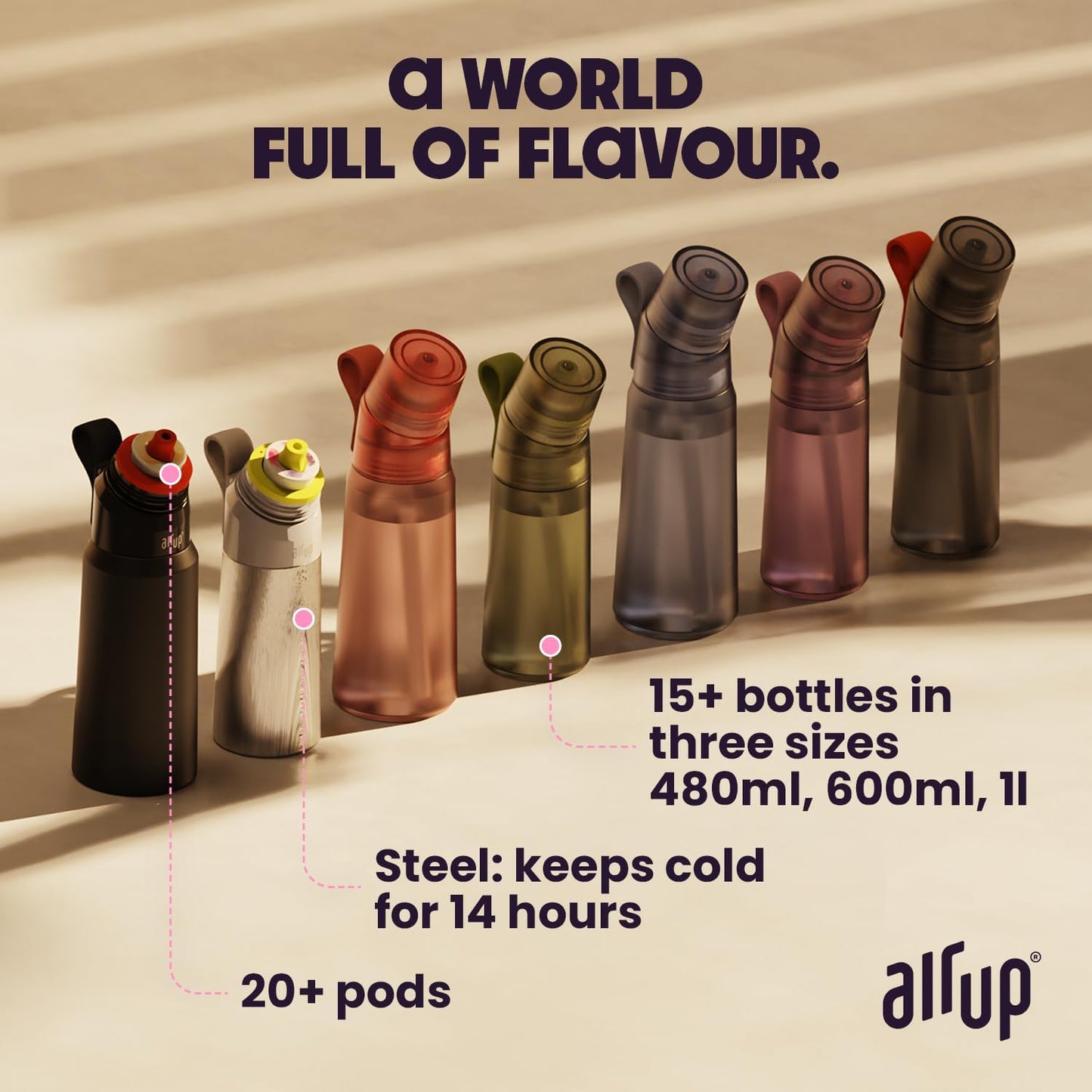 Garrafa de água AIR UP® Gen2, kit inicial original com cápsulas em 5 sabores | Garrafa de água de 600ml com sabor sem açúcar | Pode ser lavada na máquina de lavar louça, livre de BPA | Cor roxa