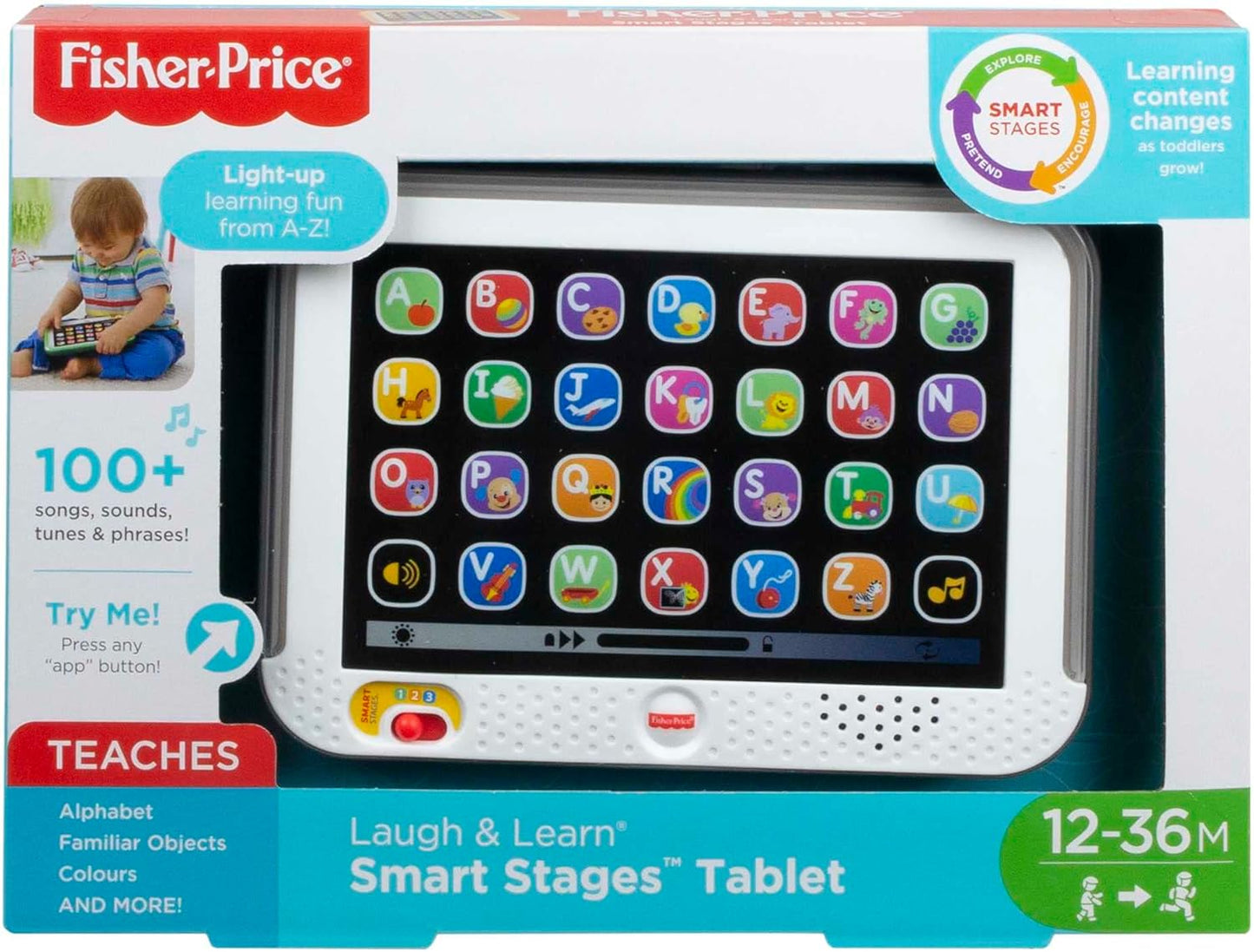 Brinquedo educativo Fisher-Price Tablet de faz de conta para crianças pequenas com luzes, música e conteúdo inteligente, cinza, versão em inglês do Reino Unido (Laugh & Learn), CDG33