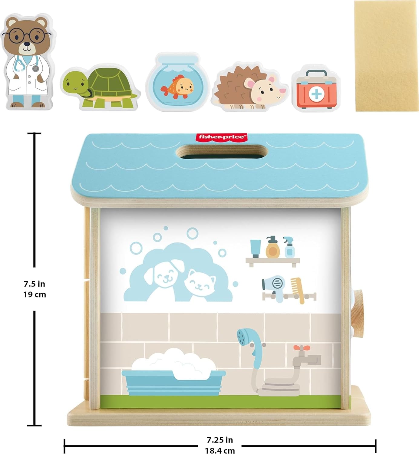 Fisher-Price Conjunto de brinquedo de madeira para brincar de hospital de animais de estimação, 6 peças, para crianças em idade pré-escolar a partir de 3 anos, JFG07