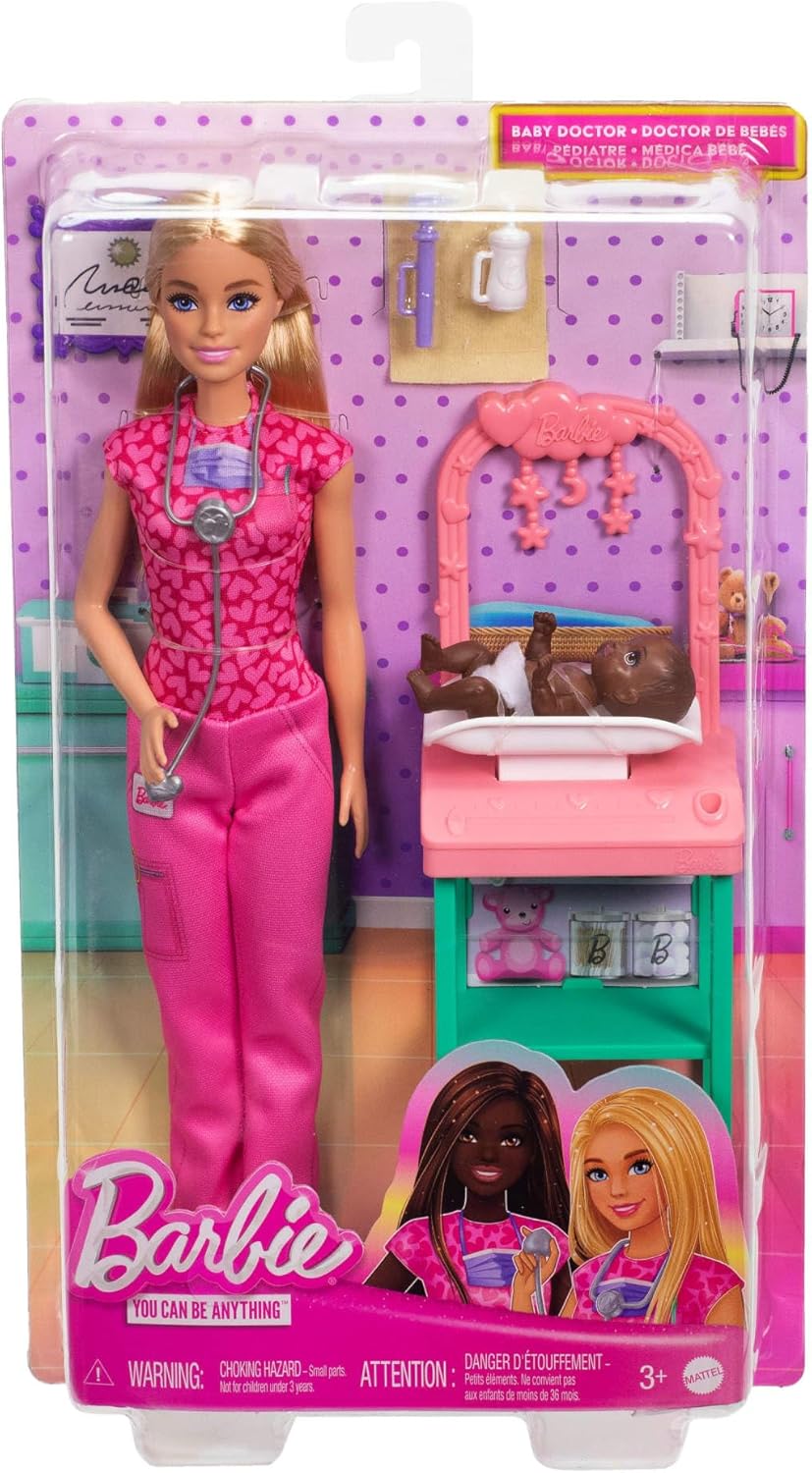 Barbie Boneca Bebê Médica com Boneca Loira da Moda Vestindo Uniforme Rosa, 1 Boneca Bebê com Acessórios e Móveis para Bebê, JCR72