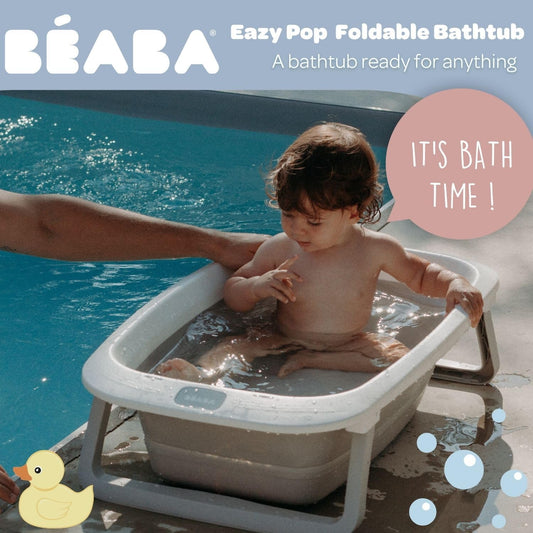 Béaba Bañera plegable para bebés, ultracompacta, pies antideslizantes, diseño moderno, tapón de desagüe, almacenamiento práctico, mínimo espacio, fácil de usar, Eazy Pop Camélé'O, 29L, gris