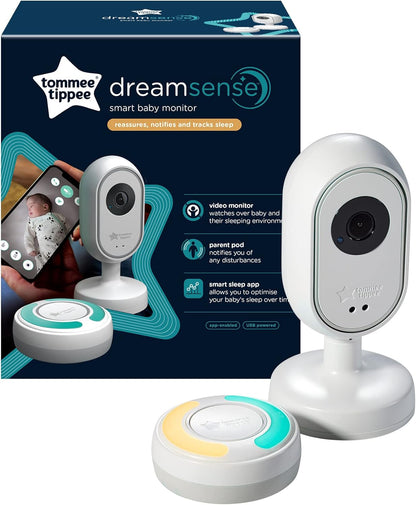Tommee Tippee Monitor de bebê inteligente habilitado para aplicativo Dreamsense, câmera remota HD de visão noturna com inclinação e panorâmica, áudio bidirecional, pod inteligente para pais para alertas personalizáveis e rastreamento de sono