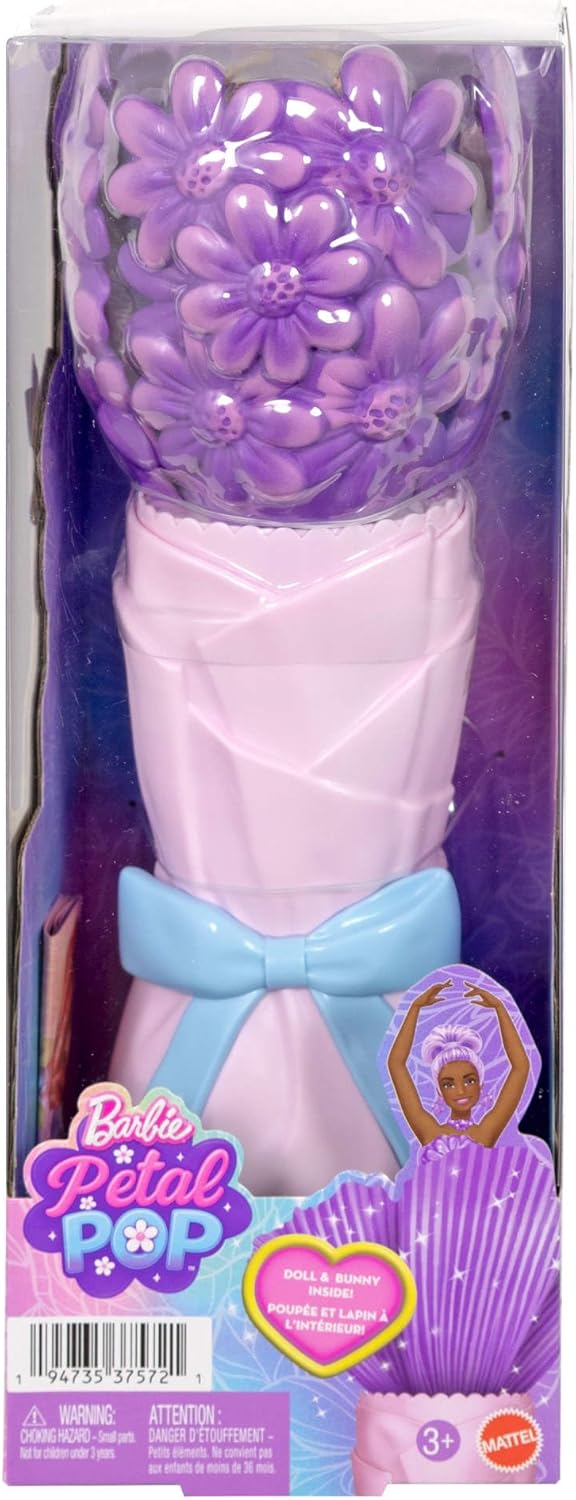Barbie Petal Pop Boneca Perfumada com Vestido Floral Roxo e Acessórios, Revelação de Buquê com Coelhinho de Estimação e Surpresas como Regador, Colar e Brincos, JMF58