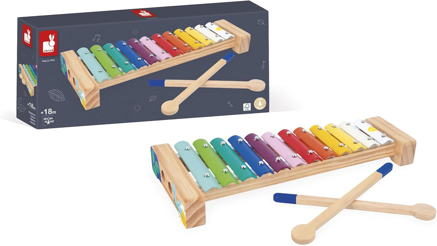 Janod - Xilofone de madeira e metal - Instrumento musical para crianças - 12 teclas e 2 baquetas incluídas - Brinquedo de imitação musical - Aquarela - A partir de 18 meses, J07663