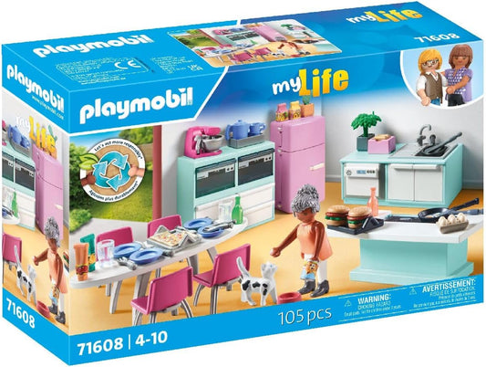 Playmobil 71608 myLife: Cozinha com área de jantar, cozinha totalmente equipada para dramatizações detalhadas, feita com mais de 80% de materiais reciclados e de base biológica, conjuntos de jogos adequados para crianças a partir de 4 anos