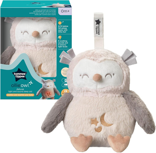 Tommee Tippee Deluxe ayuda para dormir con sonido y luz para bebés y niños pequeños con CrySensor, 6 sonidos relajantes y luz nocturna, recargable por USB y lavable a máquina, Ollie The Owl