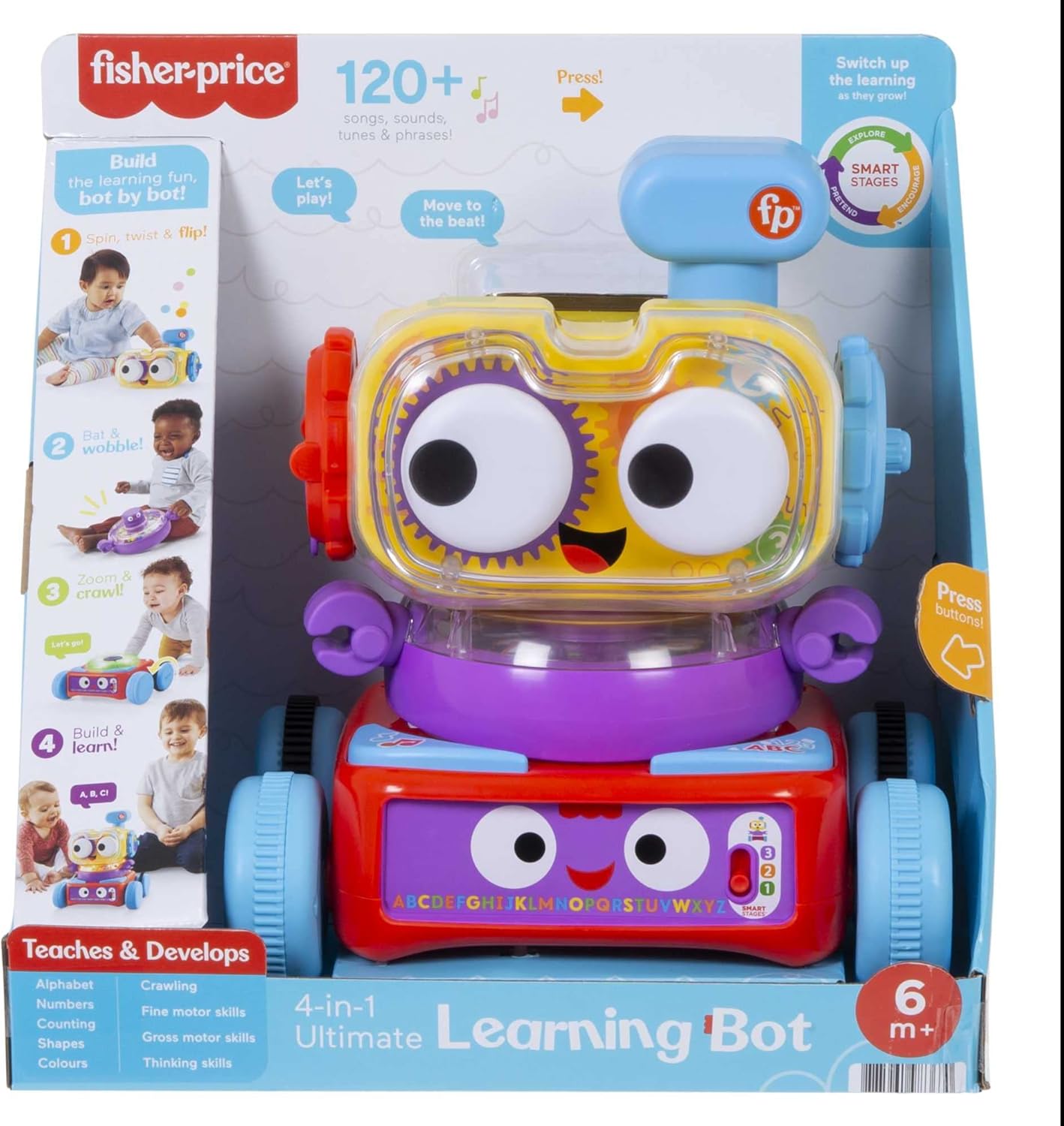 Robô de Aprendizagem 4 em 1 da Fisher-Price, brinquedo eletrônico com luzes, música e conteúdo educativo para bebês e crianças a partir de 6 meses, HBB04
