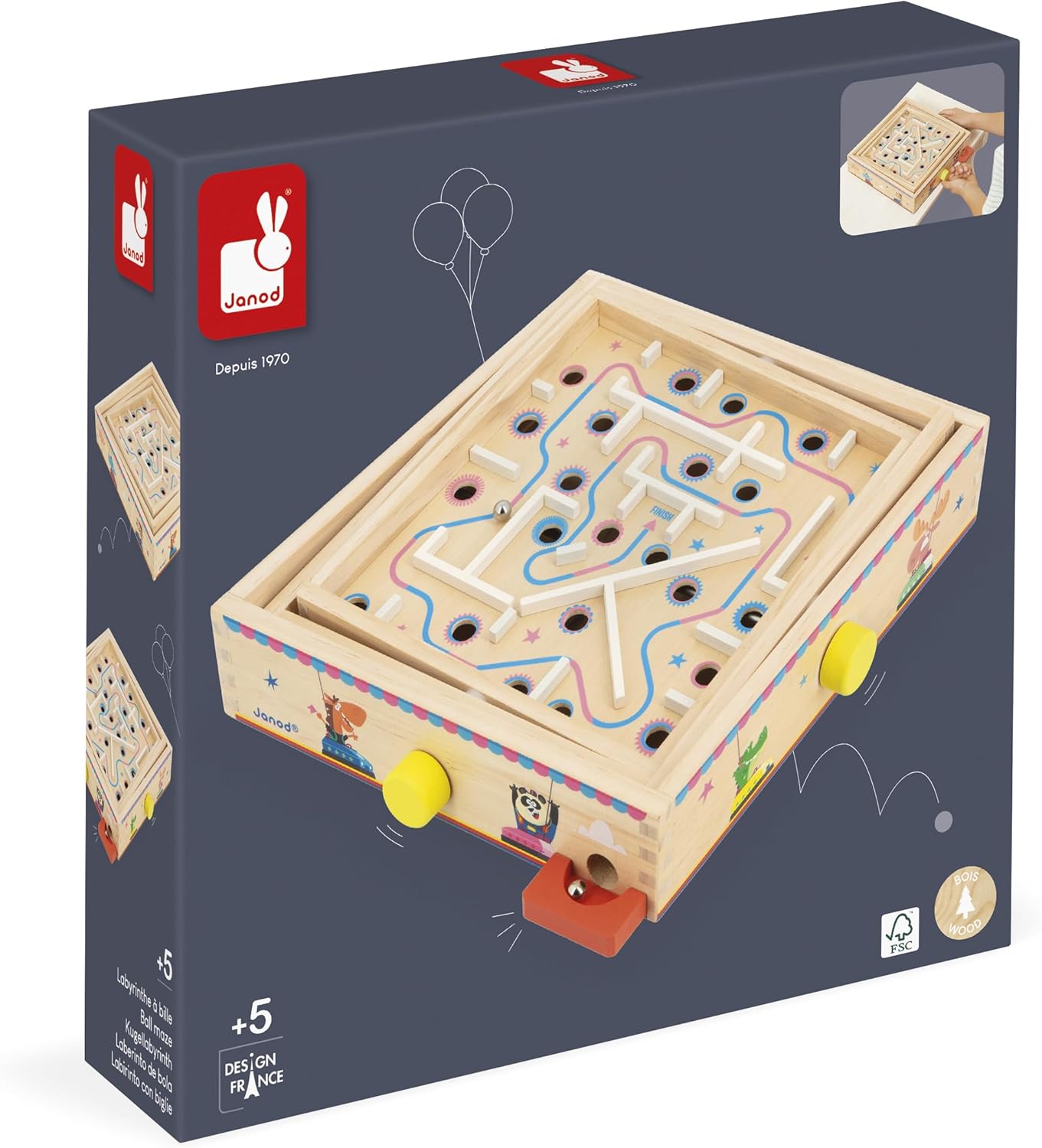Janod - Jogo de labirinto de madeira para crianças e adultos - Brinquedo tradicional - Curso de bolinhas de gude - 2 bolinhas de metal fornecidas - Desenvolve concentração e habilidade - FSC de madeira