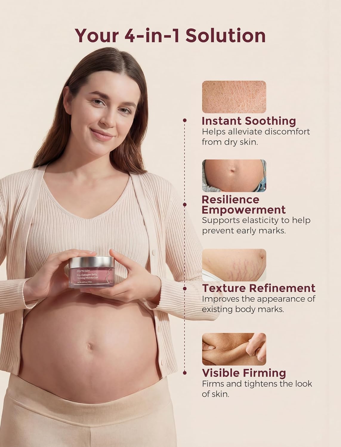 Momcozy Creme para Estrias na Gravidez, Hidratante Firmador Pró-Colágeno para Pele Seca, Gravidez e Pós-Parto, Suaviza a Aparência de Estrias, Rugas no Pescoço e Linhas Finas, 30g