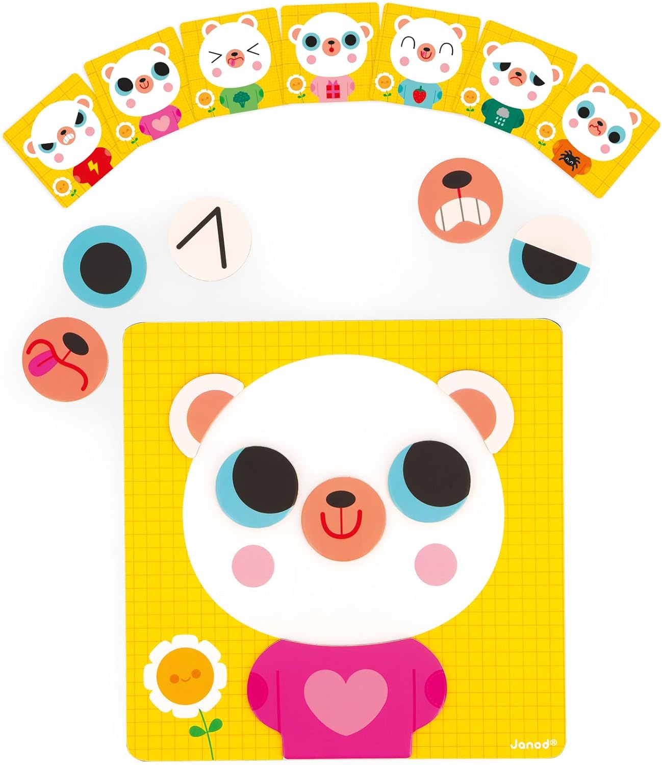 Janod - Jogo para Aprender, Gerir e Reconhecer Emoções - 7 Cartas Educativas - 1 Quadro Magnético - 30 Ímanes - Brinquedo Educativo Magnético de Madeira - A partir dos 2 Anos - J05446