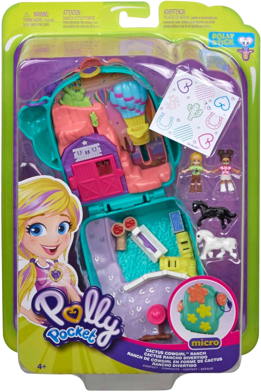 Polly Pocket Pocket World Cactus Cowgirl Ranch compacto com revelações divertidas, bonecas Micro Polly e Shani, 2 figuras de cavalo e folha de adesivos; Para maiores de 4 anos, GKJ46