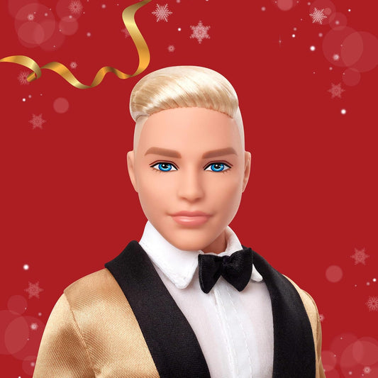 Barbie Signature 2025 Ken Loiro de Natal, Boneco Colecionável Fashion, Vestindo Terno Completo com Jaqueta Dourada, em Embalagem Exibível com Suporte para Boneco, JGK55
