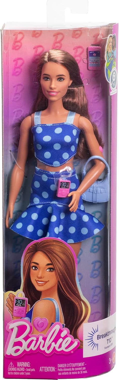 Barbie Fashionistas Boneca nº 242, Boneca com Diabetes Tipo 1 Vestindo Roupa de Bolinhas e Acessórios, Em Parceria com Breakthrough T1D, HYT97