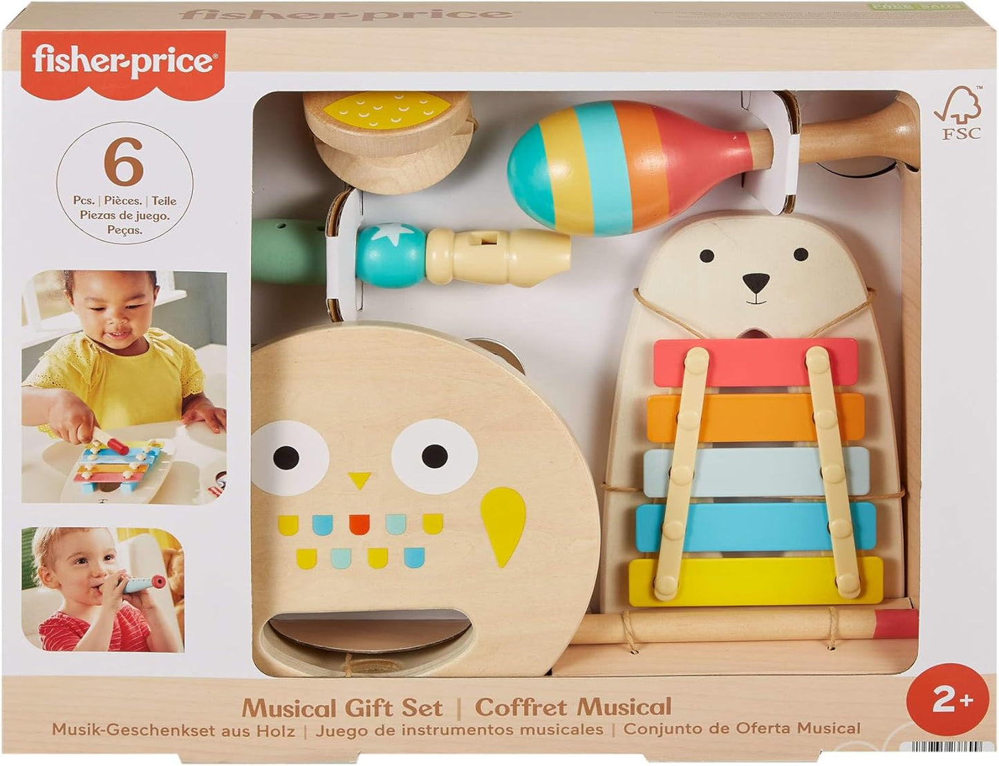 Fisher-Price Conjunto de presente de instrumentos musicais de madeira para crianças com 6 peças de madeira para brincadeiras de desenvolvimento para crianças de 2 anos ou mais, HXT90