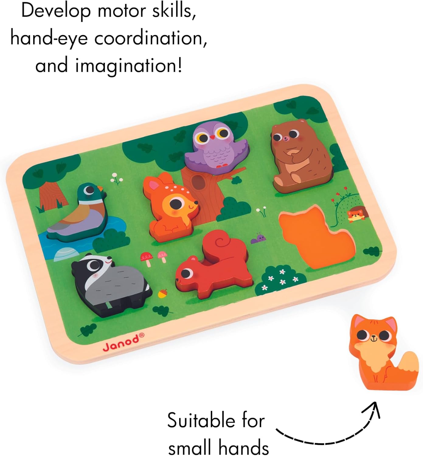 Janod - Quebra-cabeça robusto “The Forest” - Madeira FSC - 7 peças - Desenvolve habilidades motoras finas, concentração e imaginação - 18 meses +,