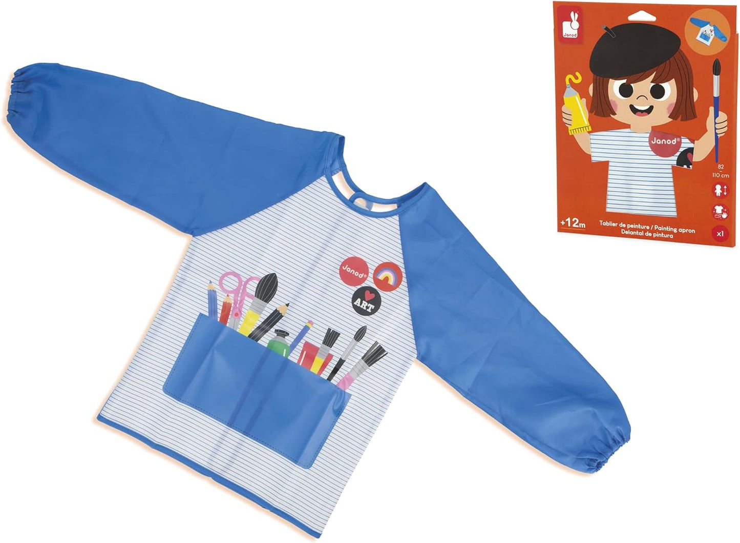 Janod - Pincéis - 4 tamanhos diferentes - Pincéis, Janod - Tintas para dedos para bebês a partir de 1 ano, Janod - Paleta de tinta à base de água - 12 almofadas e pincel, Janod - Avental de pintura infantil a partir de 18 meses