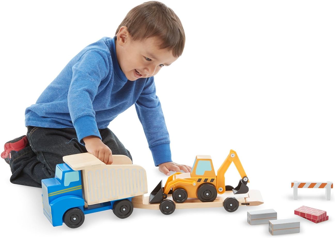 Melissa & Doug Caminhão de brinquedo transportador de carro de madeira carros magnéticos de madeira e guindaste de brinquedo de caminhão | Brinquedos de madeira para presentes de menino de 3 anos | Conjunto de carro de brinquedo