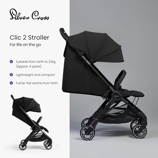Silver Cross - Carrinho de bebê compacto Clic 2 e bolsa de viagem - Carrinho de viagem para a vida em movimento - Dobrável e leve - Adequado do nascimento aos 4 anos - Espaço