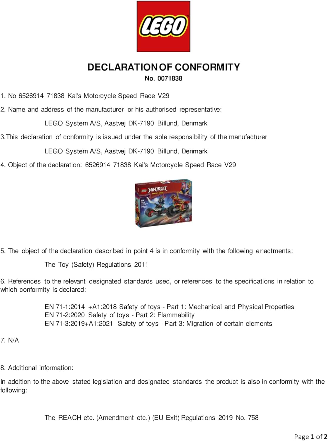 LEGO Conjunto de Corrida de Motocicleta NINJAGO Kai - 2 Brinquedos de Moto Ninja com Rodas Giratórias e 2 Minifiguras com Acessórios de Armas - Presente para Meninos a partir de 6 Anos e Fãs de Dragons Rising - 71838