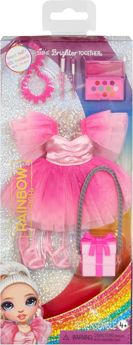 O Pacote Rainbow High Fashion, Festa Dançante, inclui 1 roupa completa para festa, sapatos de salto alto, joias e acessórios para brincar. Combine com outros pacotes para criar diversos looks divertidos. Brinquedo ideal para crianças de 4 a 12 anos.