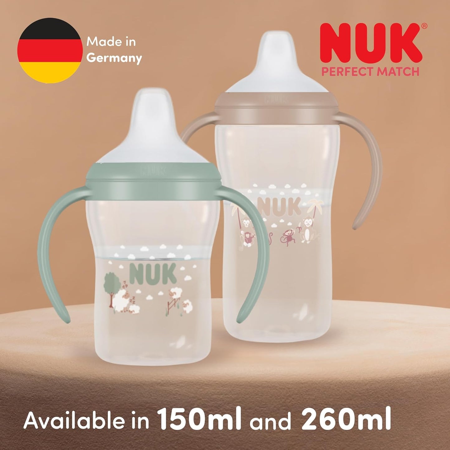 NUK Garrafa de Aprendizagem Perfect Match | 6+ Meses | 150ml | Copo de Transição Antivazamento | Alças Antiderrapantes | Bisonho | 1 Unidade