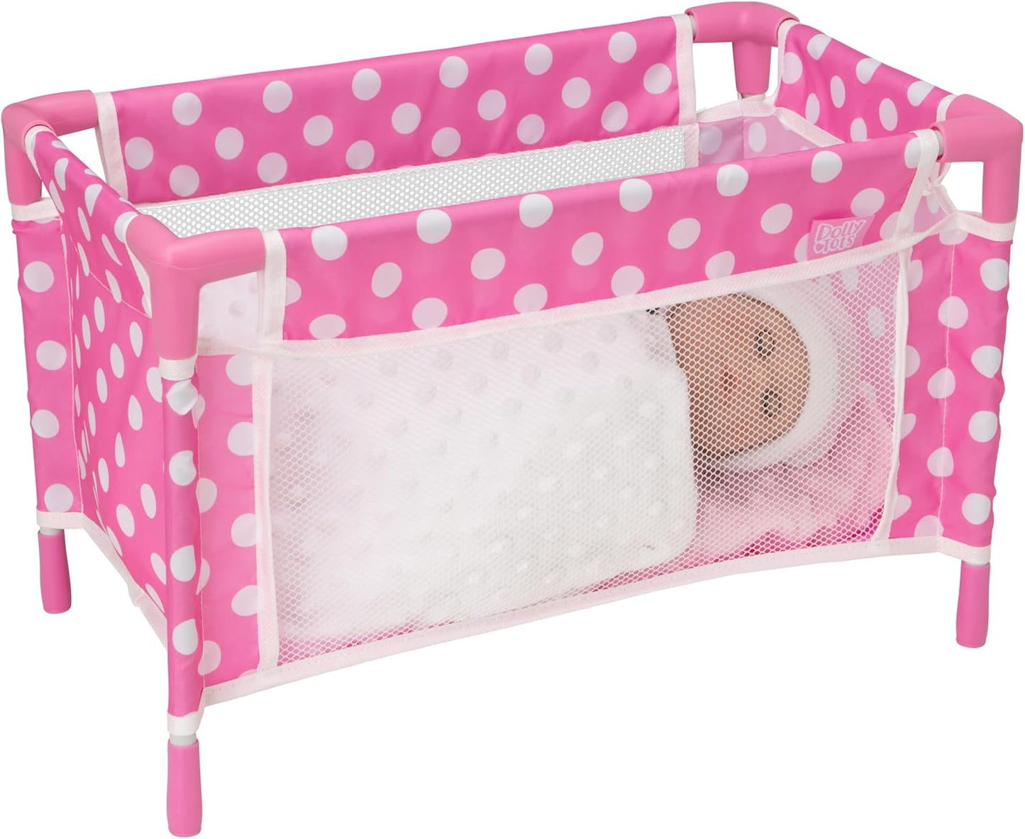 Berço de Viagem Rosa com Bolinhas para Bonecas | Berço de Viagem Dobrável para Bonecas | Berço e Acessórios para Berço de Bonecas | Carrinho de Bebê e Carrinho de Brinquedo para Bonecas | Perfeito para Crianças a partir de 3 Anos