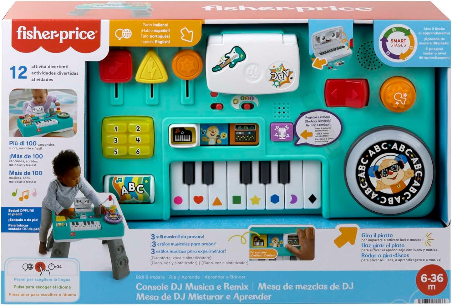 Fisher-Price Aprenda a tocar DJ com mesa, brinquedo musical educativo com luzes e sons, versões em italiano, castelhano, português e inglês, HXG08