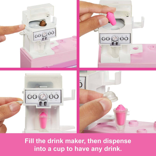 Set de cafetería Barbie con muñeca barista rubia y más de 12 accesorios, incluyendo cafetera y batidoras, comida, tazas y más, HXN94