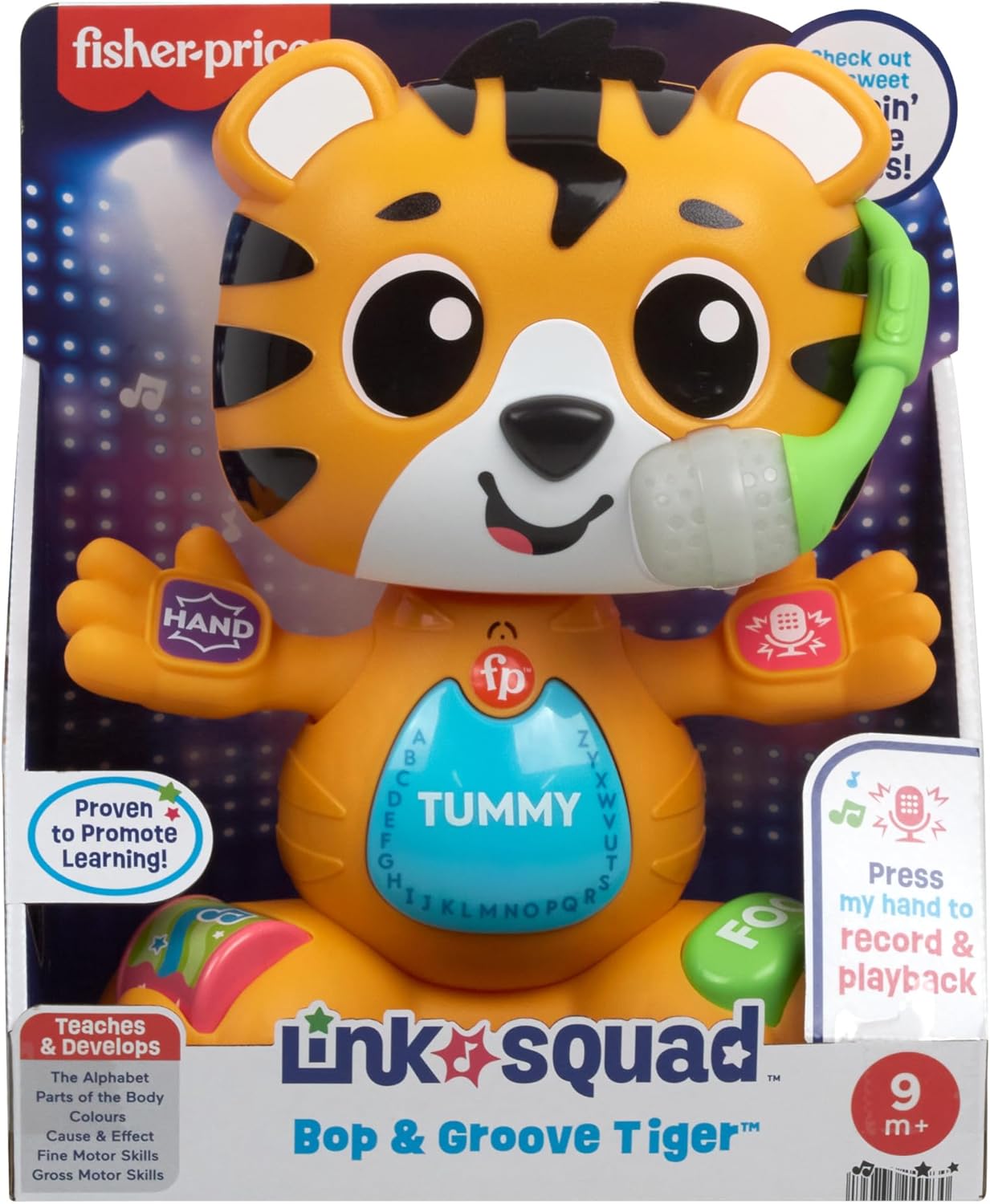 Fisher-Price Brinquedo de aprendizagem para bebês Link Squad Bop & Groove Tiger com música e luzes para idades de 9+ meses, versão em inglês do Reino Unido, compatível apenas com itens Link Squad, HYL24