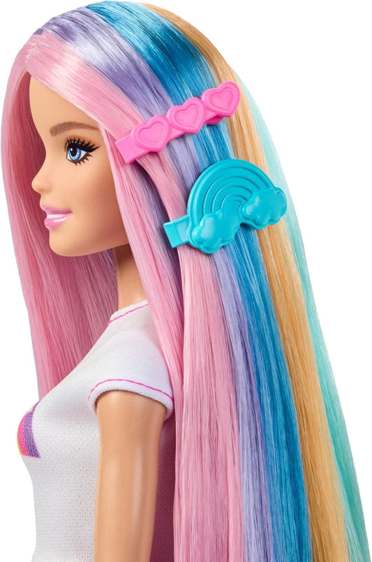 Barbie Boneca Cabelo Arco-Íris Brilhante, Cabelo Extralongo e Colorido com 12 Acessórios de Penteado como Tubo de Glitter, Escova, Presilhas, Secador de Cabelo e Mais, JJP07