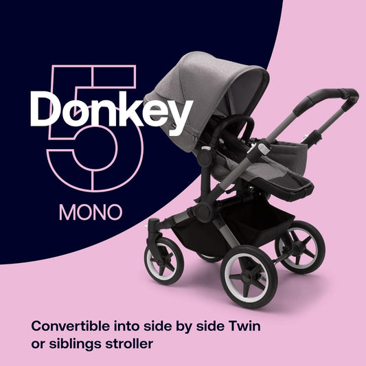 Bugaboo Donkey 5 Mono, convertible en cochecito doble lado a lado, diseño mejorado, asiento reversible, volante con una sola mano y cesta lateral, grafito/gris melange