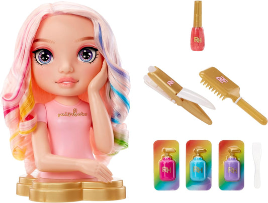 Cabeça de Pentear Rainbow High - 33 cm Bella - Conjunto 4 em 1 com Cremes de Cabelo Laváveis, Esmalte, Escova e Pincel para Colorir o Cabelo. Penteie, pinte e lustre. Repita o processo. Para crianças de 4 a 12 anos.
